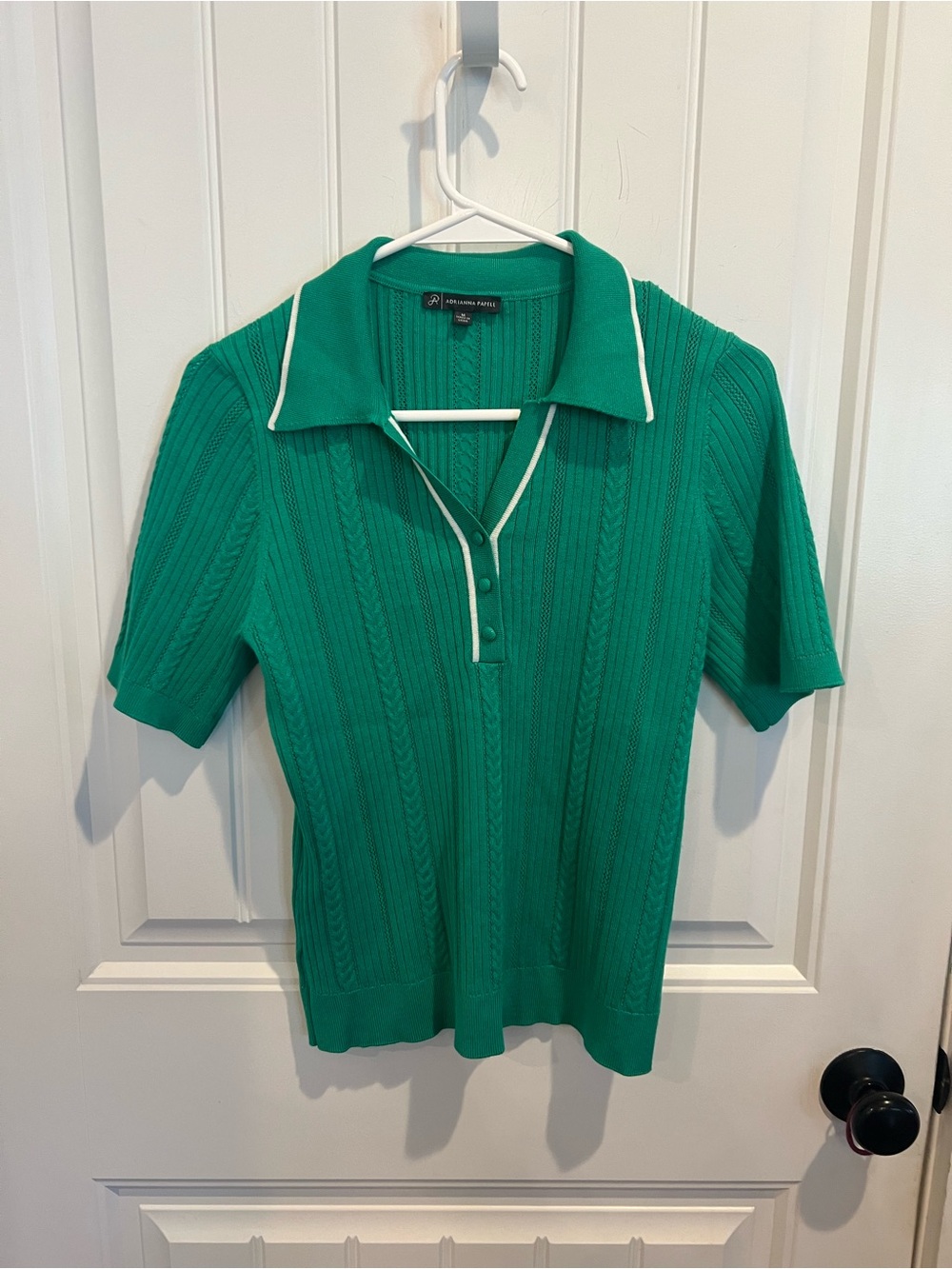 Adrianna Papell Green Rib Knit Polo Sweater Top M